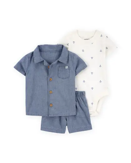 Camisa e short jeans azul com body branco estampado com âncoras